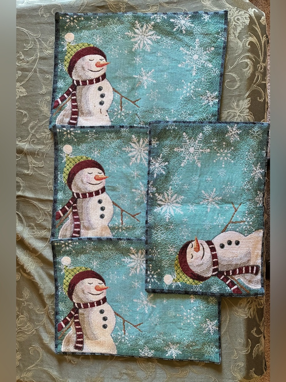 4pc Snowman Snowflake Holiday Placemats Blue/White/Green Sparkly *READ*